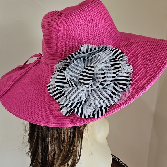 Scala Accessories - Scala Pink w/Black White‎ Flower On Side  Tea Church Pool Floppy Hat
